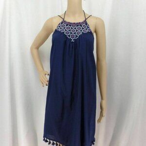 ANN TAYLOR * LOFT BLUE EMBROIDERED TASSEL TRIM BOHO SWING DRESS SIZE: XS NWT